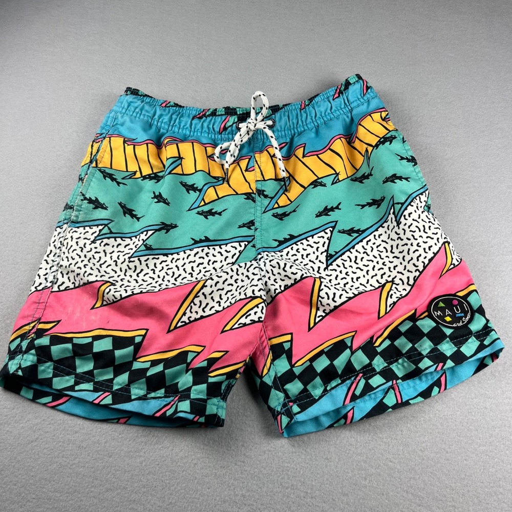 Maui and Sons Swim Trunks Mens Small Multicolor Geometric Shark Print Mesh Lined